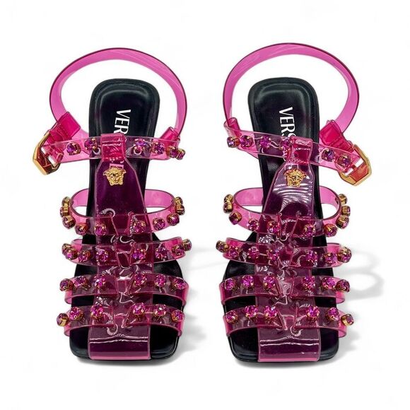 NWOT DUALIPAxVERSACE Medusa Runway Studded Jelly Slant Heel Sandals Size… - Picture 8 of 14